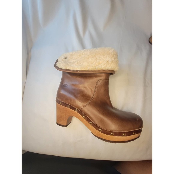 UGG Australia Lynnea Sheepskin Lined Brown Leather Clog Boots Size 6 - Picture 4 of 12